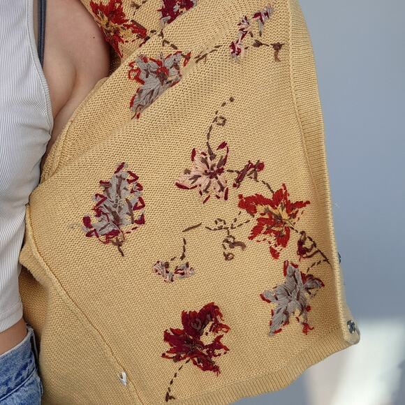 Vintage Leaf Cardigan Sweater Embroidered Cotton XL - Picture 10 of 11